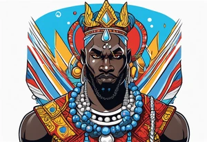 Black-skinned african god of war with a small silver crown, no armor, and two ball necklaces: one blue, other red tattoo idea