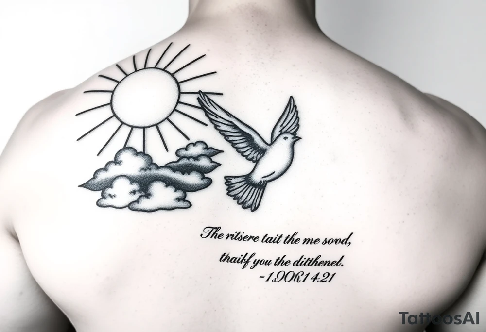sun rays starting on shoulder going a bit onto chest and down arm with some clouds, mourning dove, bible verse 1 John 4:21 written on the bicep tattoo idea