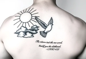 sun rays starting on shoulder going a bit onto chest and down arm with some clouds, mourning dove, bible verse 1 John 4:21 written on the bicep tattoo idea