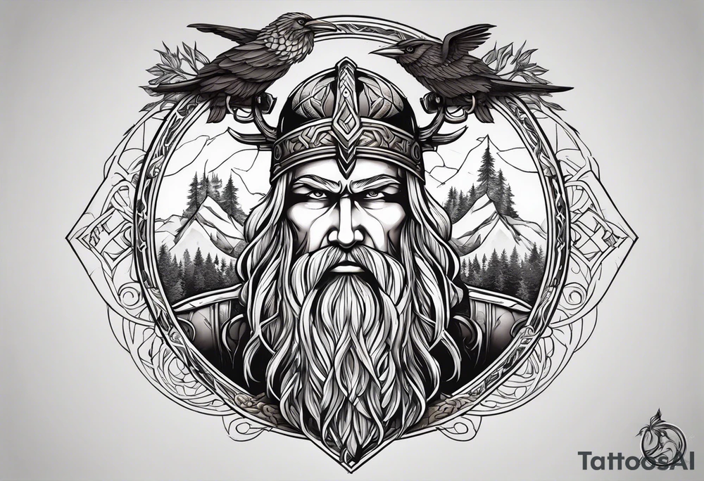 Generate a full left-arm tattoo based on Viking mythology. It has to be a tree with Odin standing next to it, add crows and also a background. tattoo idea
