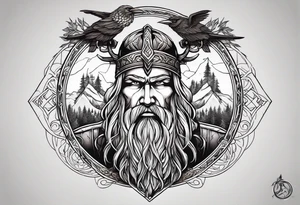 Generate a full left-arm tattoo based on Viking mythology. It has to be a tree with Odin standing next to it, add crows and also a background. tattoo idea