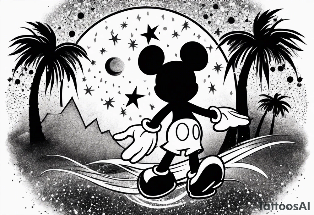 mickey mouse in a lightning storm with palm trees and the celtic symbol for family tattoo idea
