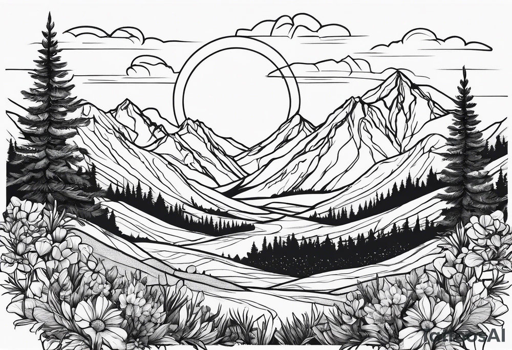 small, fine line, mountains, sun, wildflowers tattoo idea