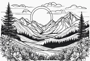 small, fine line,  mountains, sun, wildflowers tattoo idea
