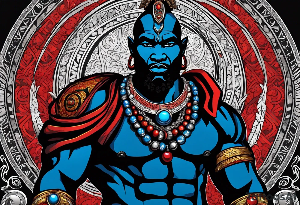 Black-skinned african god of war with a small silver crown, no armor, and two ball necklaces: one blue, other red tattoo idea