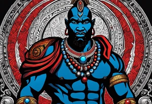 Black-skinned african god of war with a small silver crown, no armor, and two ball necklaces: one blue, other red tattoo idea