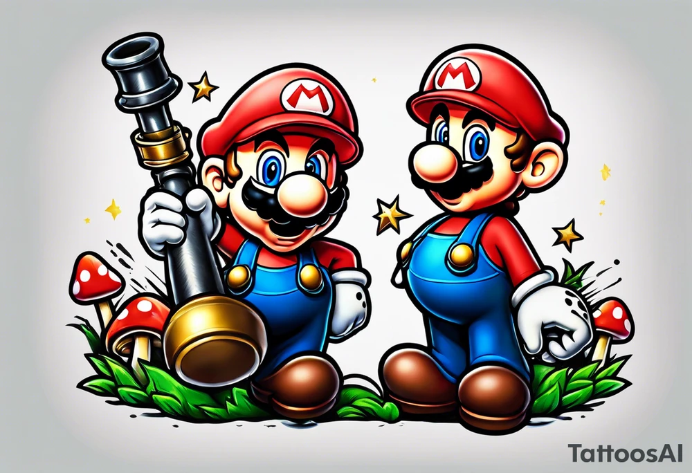 Mario and Luigi with toadstool and cannons and bombs tattoo idea