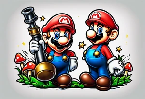 Mario and Luigi with toadstool and cannons and bombs tattoo idea