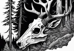 A side view of a frightening horror DECAYING deer skull JUST BONE surrounded by a forest fire in background tattoo idea
