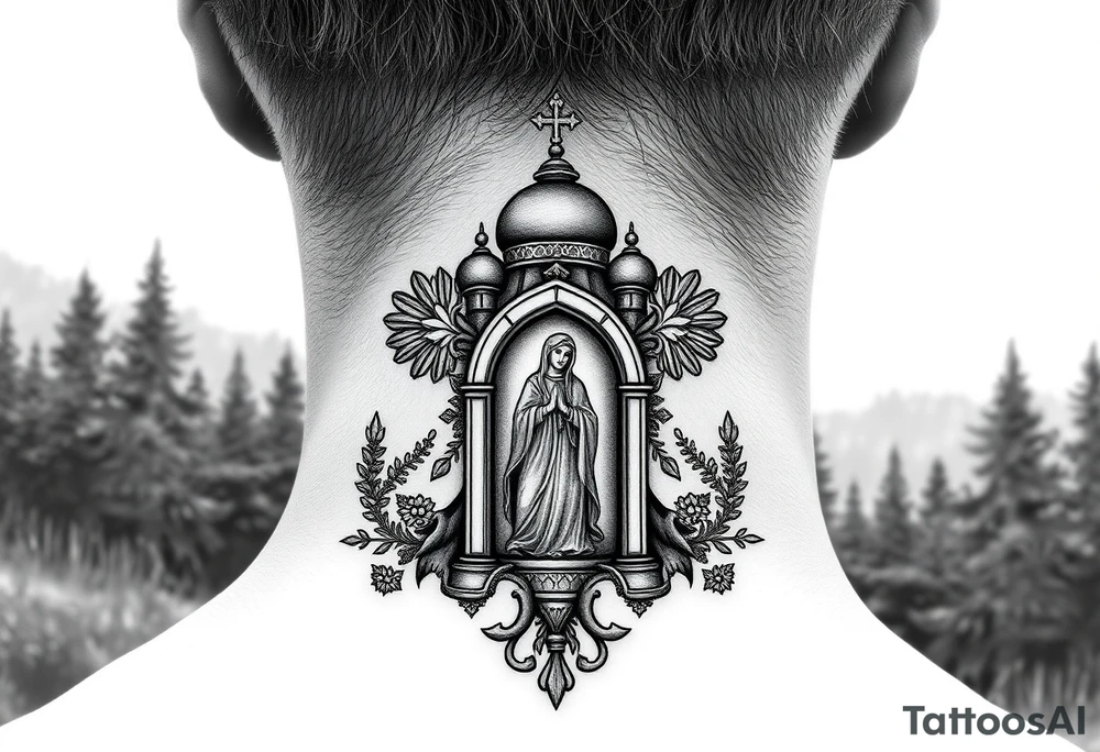 russian coat arms traditional christian orthodox cross with a virgin mary stood in the entrance of a russian orthodox dome church on the side of the neck in a wilderness setting tattoo idea