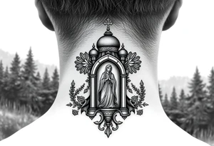 russian coat arms traditional christian orthodox cross with a virgin mary stood in the entrance of a russian orthodox dome church on the side of the neck in a wilderness setting tattoo idea