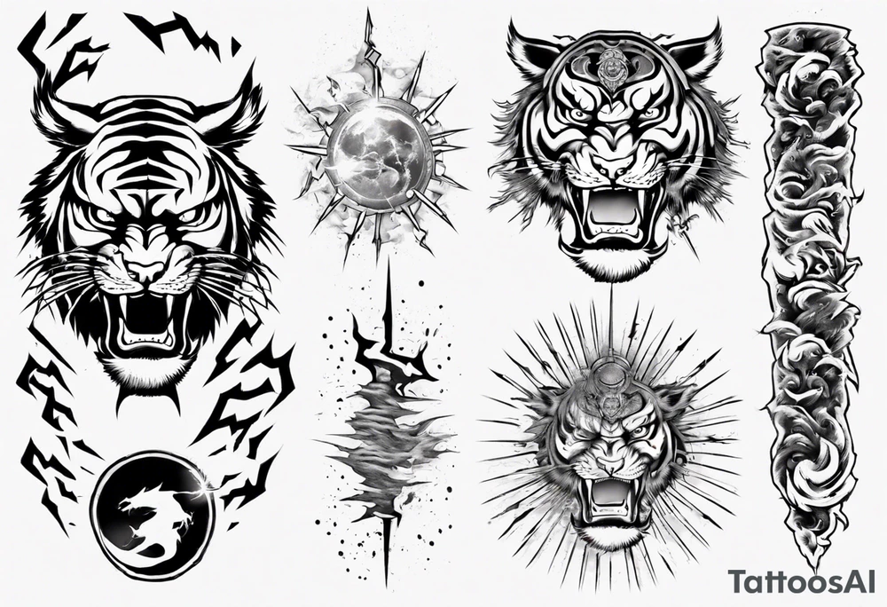 tiger warrior with lightning and the sun for a forearm sleeve tattoo idea