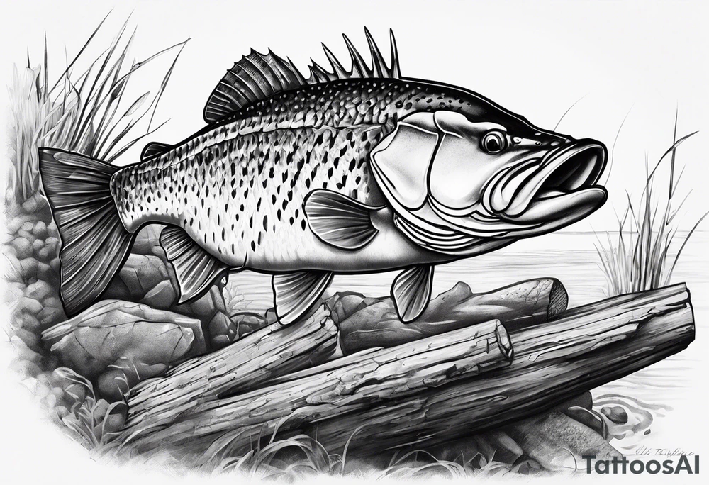 Murray cod with a hook in its mouth on a broken log with a shrimp and yabbie next to it tattoo idea