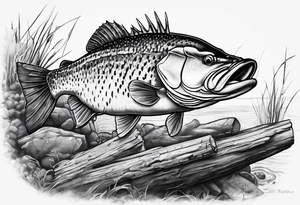 Murray cod with a hook in its mouth on a broken log with a shrimp and yabbie next to it tattoo idea