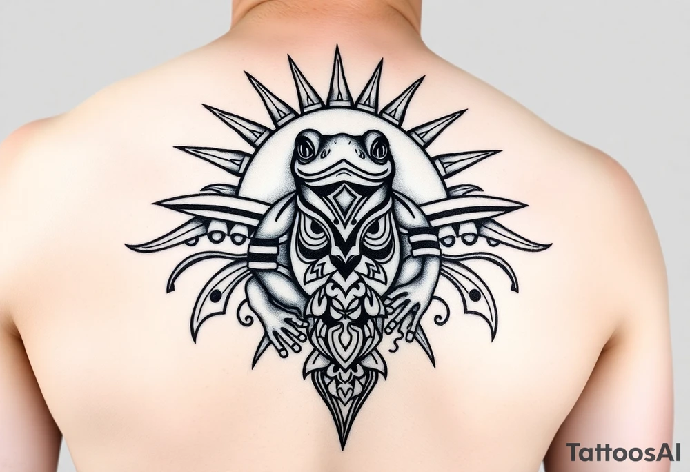 [ Elbow Cap ]
↑   Sun with tribal rays wrapping around
↑   Shark tooth band & wave divider
↑   Central panel: Coquí frog in tribal style
↑   Spiral swirl (Taíno) near vein-side
↑   Marquesan-style fish scale panel
↑   Zemi spirit mask or face
↑   Spearhead band near wrist
[ Wrist ] tattoo idea