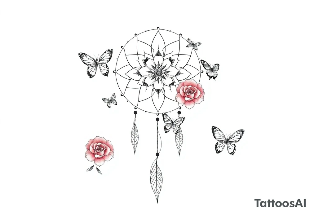 Beautiful Dreamcatcher roses and butterflies tattoo idea