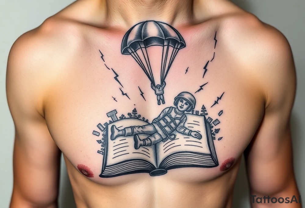 A parachuting soldier landing into an open book. Chaos surrounding, but the book is protecting the soldier from it. On the chest. Make the tattoo smaller. Make it thought provoking. Make the chaos in the environment be a thunderstorm. Make the pages in the book be blank and the book be decorated tattoo idea