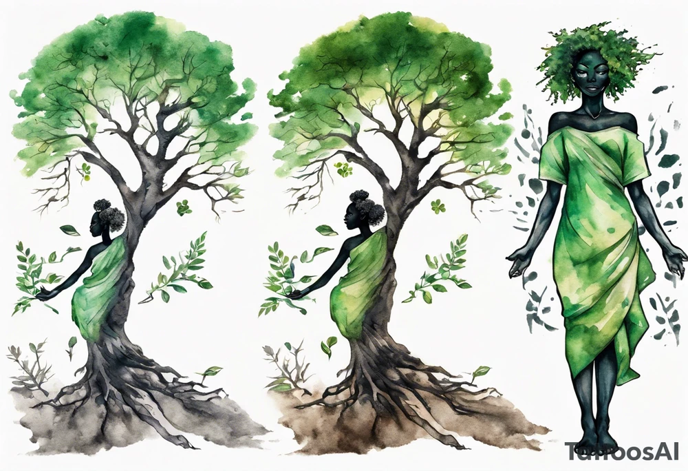 A solitary tree woman with dark skin with green eyes with feet planted in the dirt and branch arms reaching up towards the sun tattoo idea
