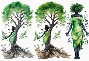 A solitary tree woman with dark skin with green eyes with feet planted in the dirt and branch arms reaching up towards the sun tattoo idea