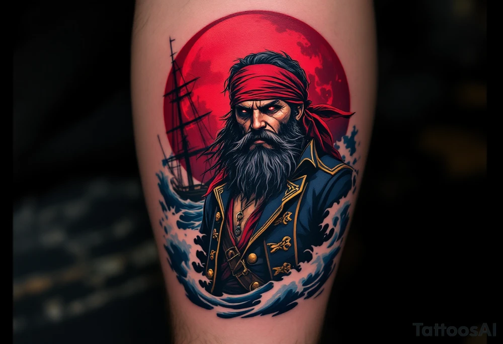 Blood Moon Buccaneer – A rugged pirate captain with a thick black beard, standing on the deck of a ship under a crimson full moon. His deep red bandana and gold-trimmed navy coat contrast with the eerie dark blue ocean waves crashing around him. tattoo idea
