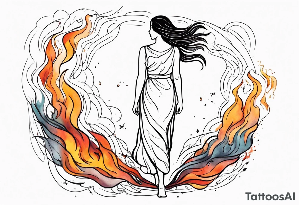 Resurrection strength and courage Beautiful Woman walking through fire and chaos to inner peace and self-love  ethereal tattoo idea