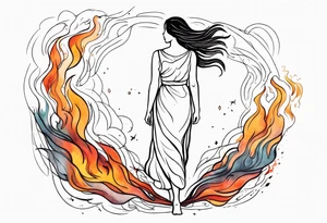 Resurrection strength and courage Beautiful Woman walking through fire and chaos to inner peace and self-love  ethereal tattoo idea