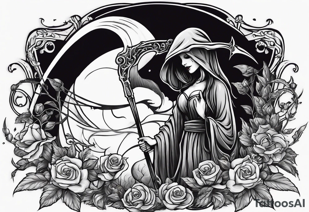 cute feminine grim reaper with scythe and nightshade tattoo idea