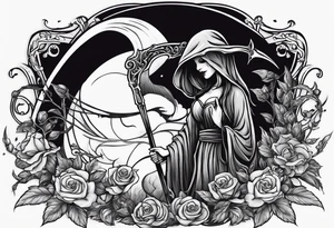 cute feminine grim reaper with scythe and nightshade tattoo idea