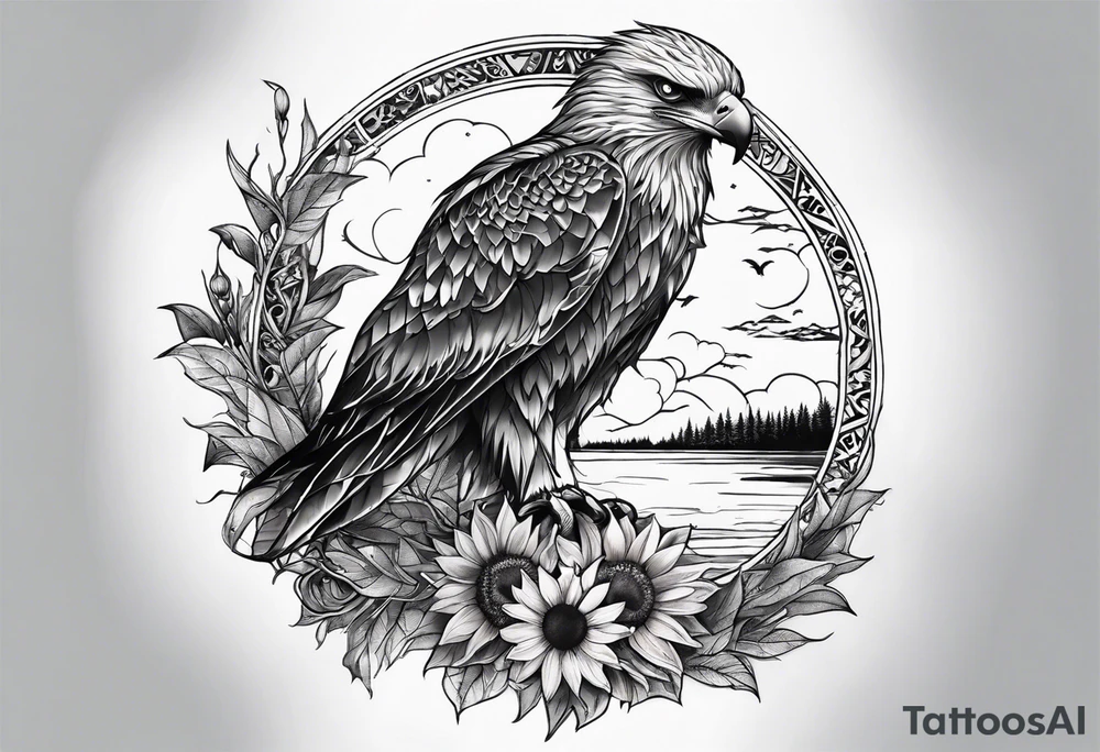 Small inside arm tattoo. Black kite (Daya's name), nature (trees/sea), small sunflower. tattoo idea
