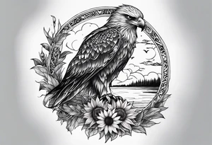 Small inside arm tattoo. Black kite (Daya's name), nature (trees/sea), small sunflower. tattoo idea