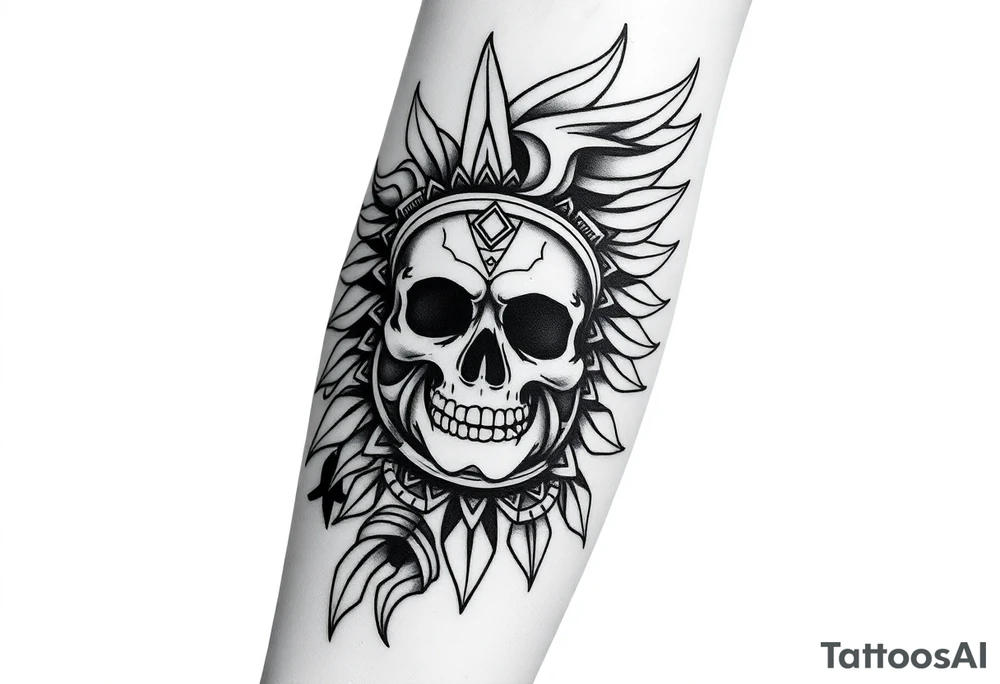 Create a mexican Aztec tattoo meant for the inner bicep, with the main theme of life and death but make sure to make it subtle as this theme should not be the main focus of the tattoo the mexican Aztec part is the main thing tattoo idea
