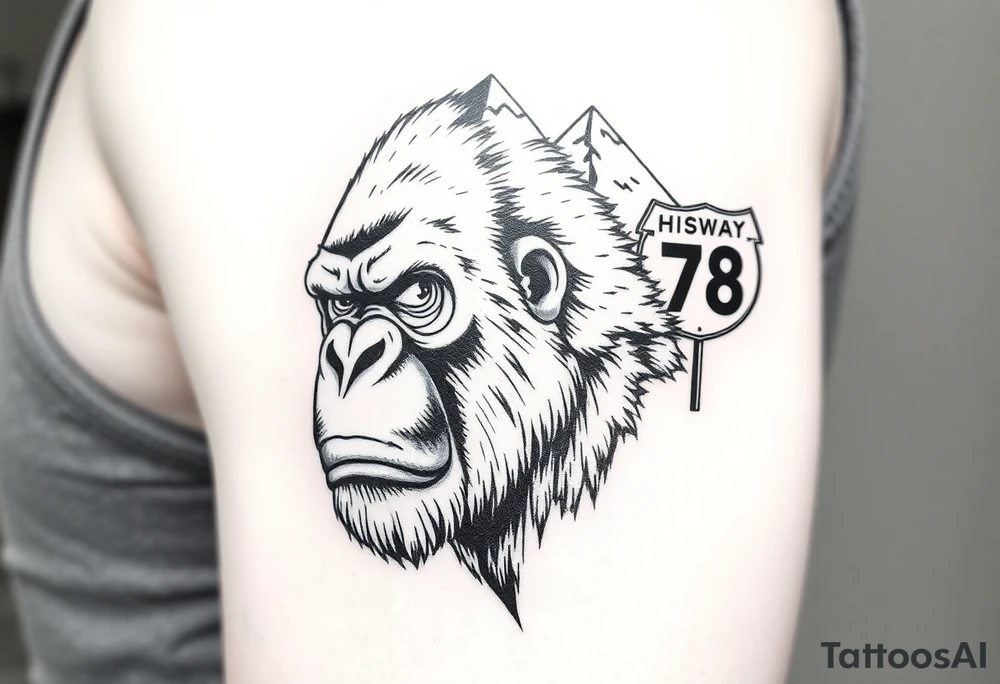 powerful aggressive gorilla with a street sign with a pole on the left that says 42nd st w, a highway sign on the right that says highway 78 and pyramids above the ape’s head that have snow on them all in close proximity. tattoo idea