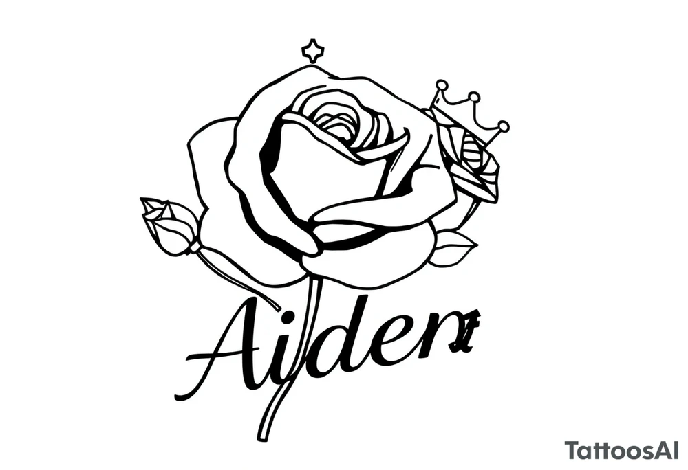 Rose with no stem with a kings crown above it and the name Aiden large Infront of it going to the right 


A rose bud with a kings crown on-top towards the left tattoo idea