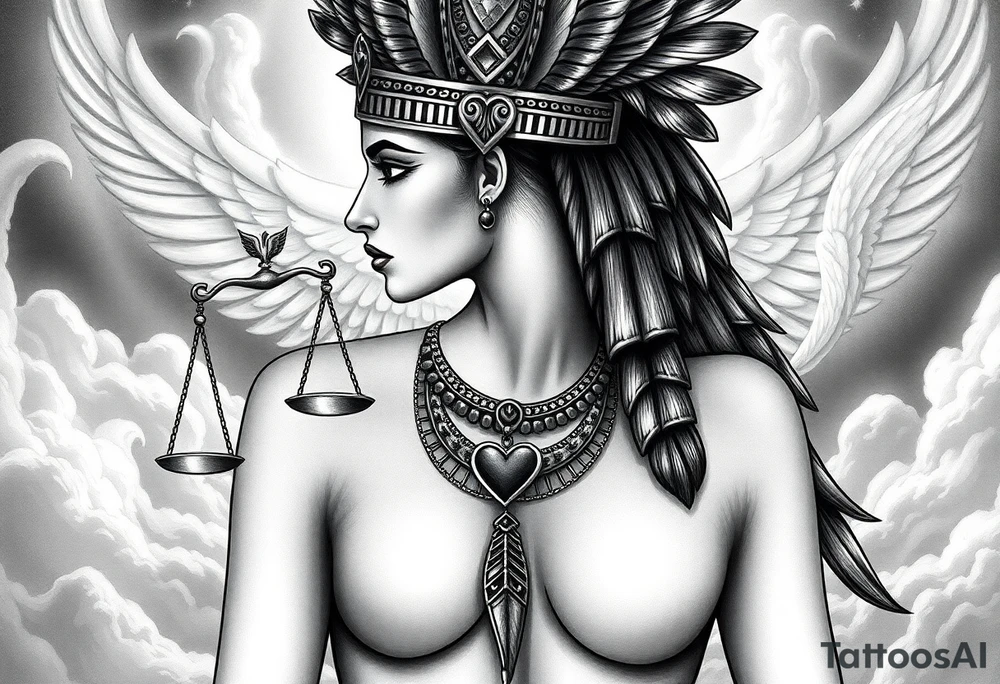 Beautiful Egyptian goddess with a curvy body and breasts. She is wearing an ostrich feather headdress, and intricate ancient Egyptian jewelry the Anhk necklace. Background includes something similar to heaven. Incorporate the Scales of Justice—one side holding a heart, the other Ma’at’s feather—glowing with ethereal energy. Emphasize dramatic lighting, deep shadows, and surreal, mystical atmosphere tattoo idea