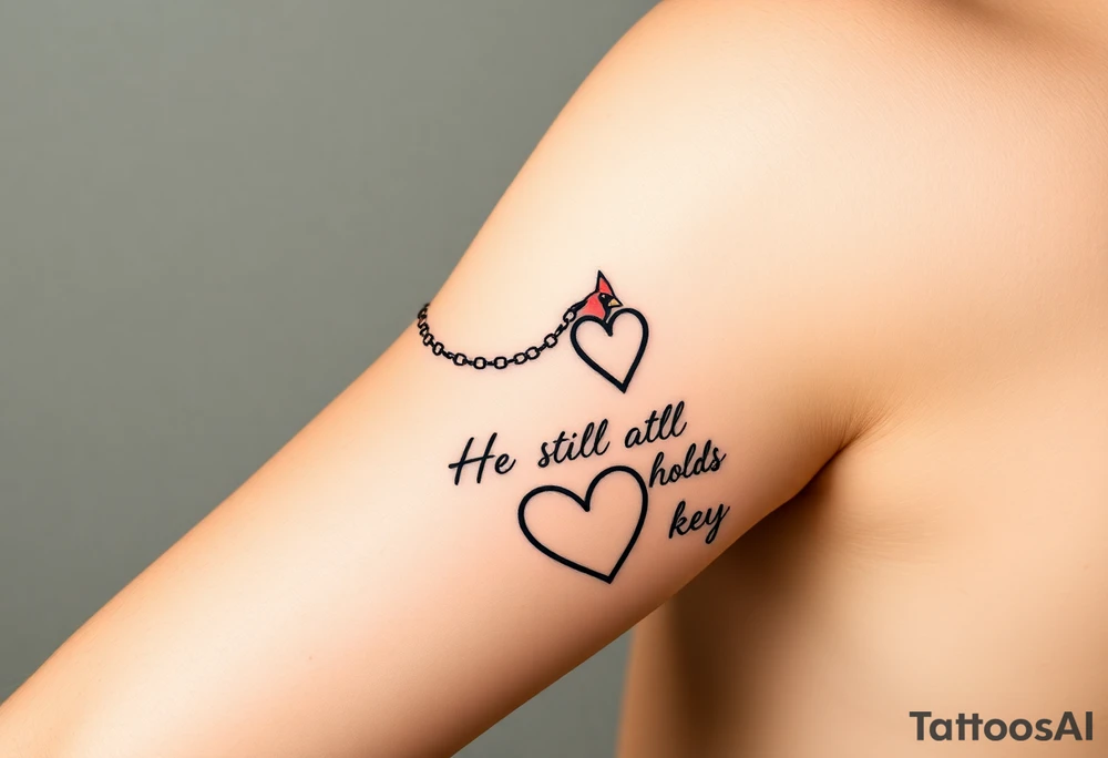 💪 Prompt for Realistic Forearm Mockup

A realistic photo mockup of a tattoo on a right inner forearm. The tattoo shows a red cardinal at the top near the elbow, holding a heart-shaped key by a beaded chain in its beak. The chain flows downward toward the wrist, connecting to a heart lock tattoo near the base. Under the heart, the cursive phrase “He still holds the key” is inked in soft black script. Lighting should show skin texture and natural arm curvature, emphasizing the emotional realism of the memorial tattoo design. tattoo idea