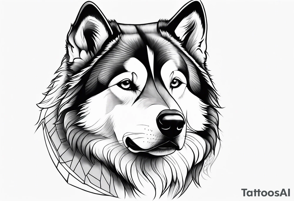 malamute half realistic half geometric tattoo idea