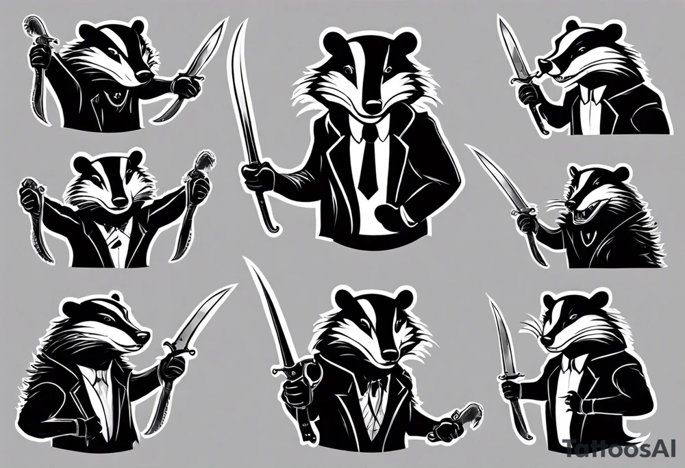 Draw me psychopath Badger/Warrior with aggressive full body, killer face with a scary smile, very long nails and he attacks like a Bloody Assassin to us and also, he has very deadly looking. He fights with his nails. Everybody scares after their first sight. Give me horror type Badger Tattoo. I want to see his Realistic full body. tattoo idea
