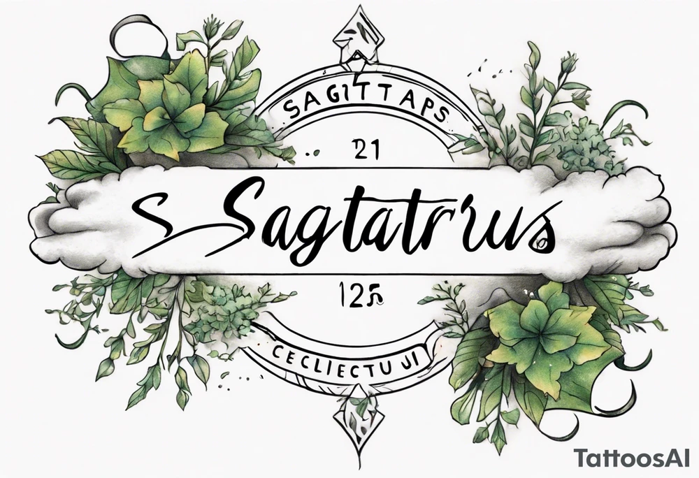 a forearm tattoo with a cloud with little plants around the word sagittarius and underneath it the date 12.08.05 tattoo idea