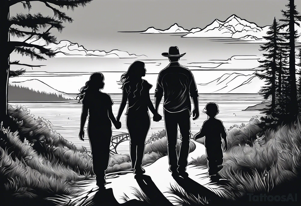 A shadow of a family of four walking through the Pacific northwest landscape. Faith centered and add Mexican culture .  Add border with importance of faith tattoo idea