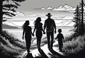 A shadow of a family of four walking through the Pacific northwest landscape. Faith centered and add Mexican culture .  Add border with importance of faith tattoo idea