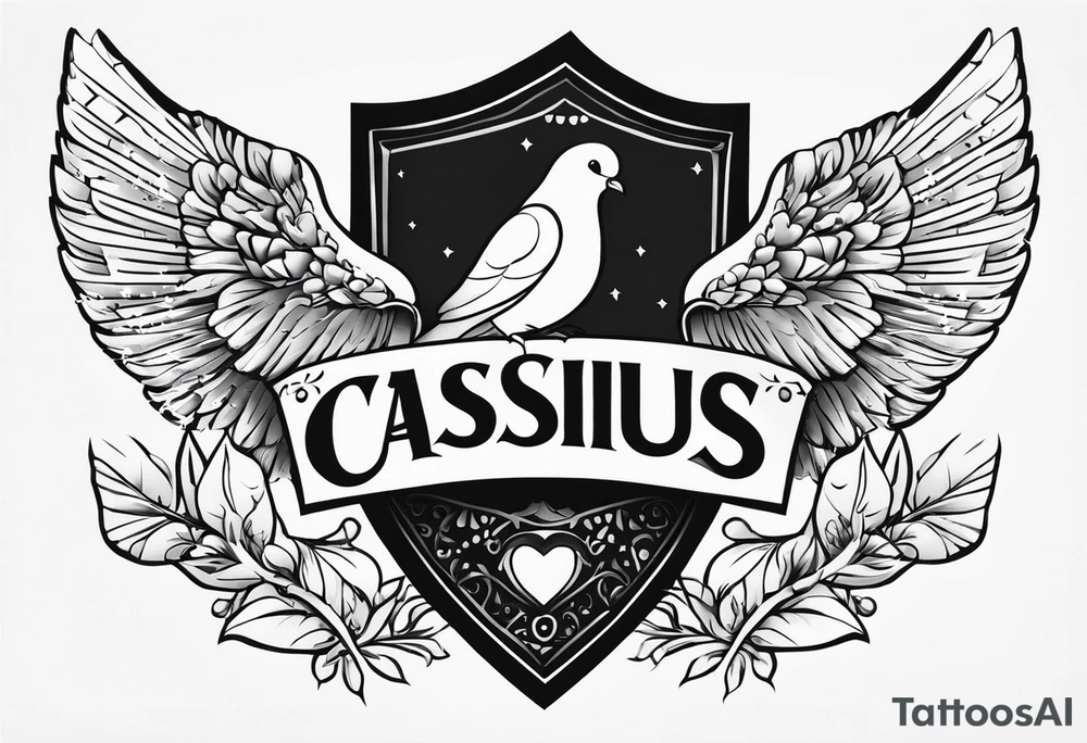 the name 'cassius rafiki mckenzie' written on a shield with a small dove and a bigger dove next to it tattoo idea