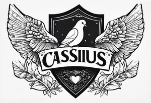 the name 'cassius rafiki mckenzie' written on a shield with a small dove and a bigger dove next to it tattoo idea