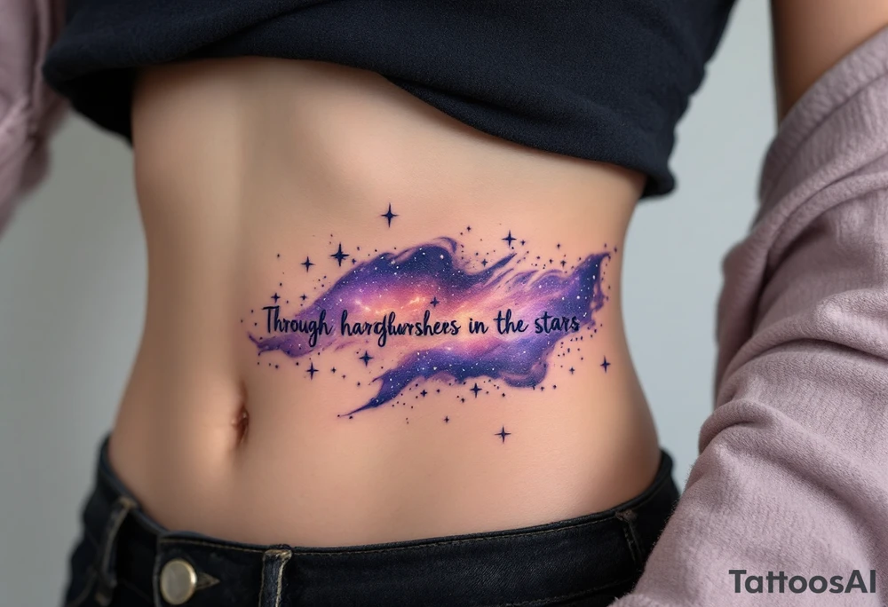 The quote “Through hardships to the stars” flows in navy ink around a violet galaxy, etched along the ribs. tattoo idea