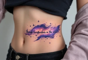 The quote “Through hardships to the stars” flows in navy ink around a violet galaxy, etched along the ribs. tattoo idea