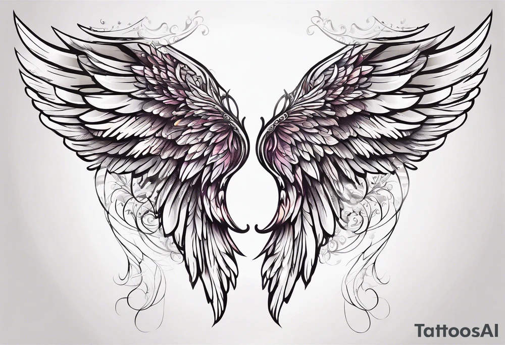 beautiful angel wings. with flilgree in the background tattoo idea