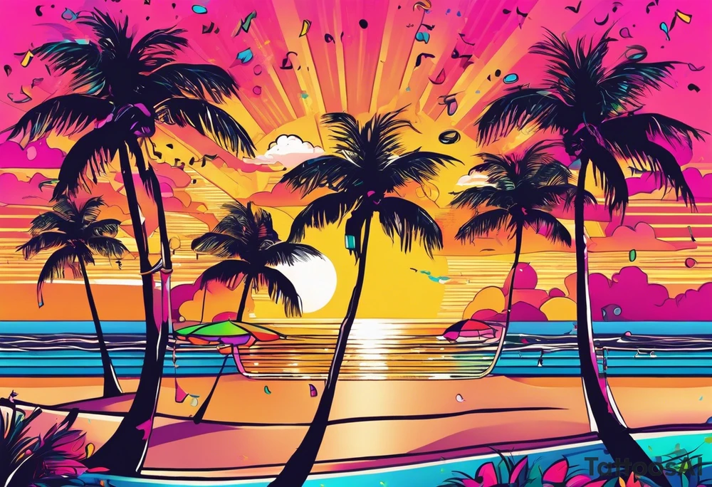 1980's miami vice style beach dance 
party, include confetti, music notes, boom box, bikinis sunset in the center tattoo idea