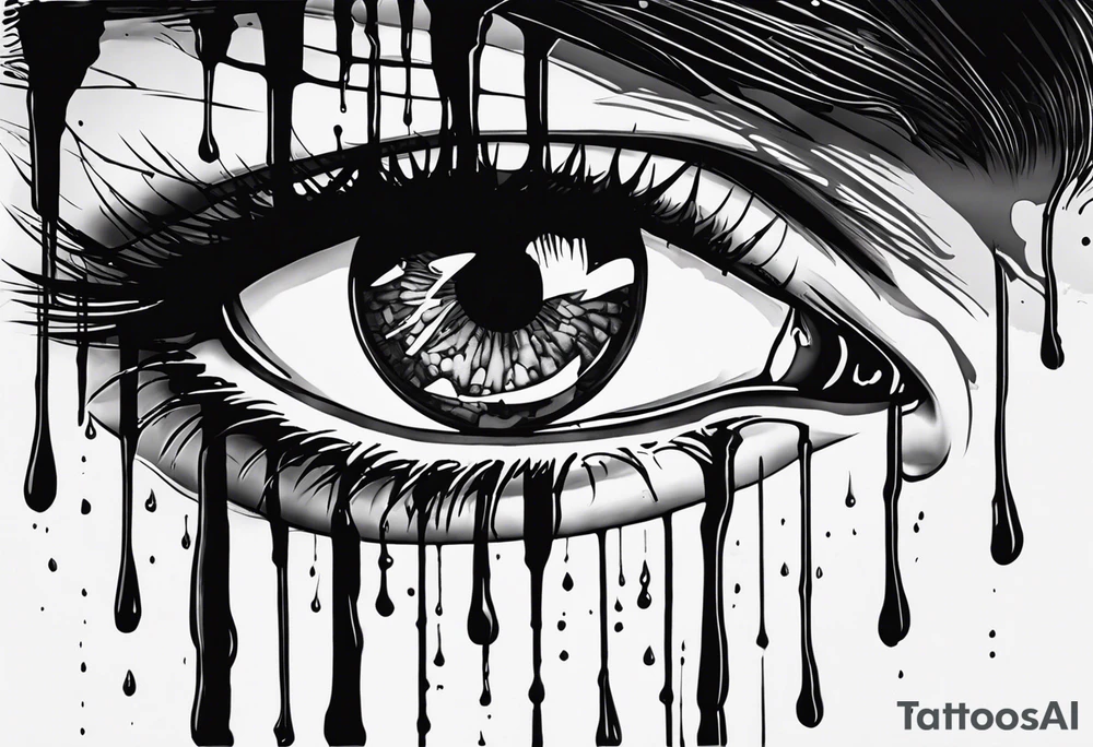 A realistic human eye crying tears of blood with a reflection of two black shadows or people holding guns at two wounded people on the floor tattoo idea