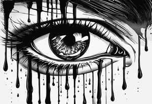 A realistic human eye crying tears of blood with a reflection of two black shadows or people holding guns at two wounded people on the floor tattoo idea