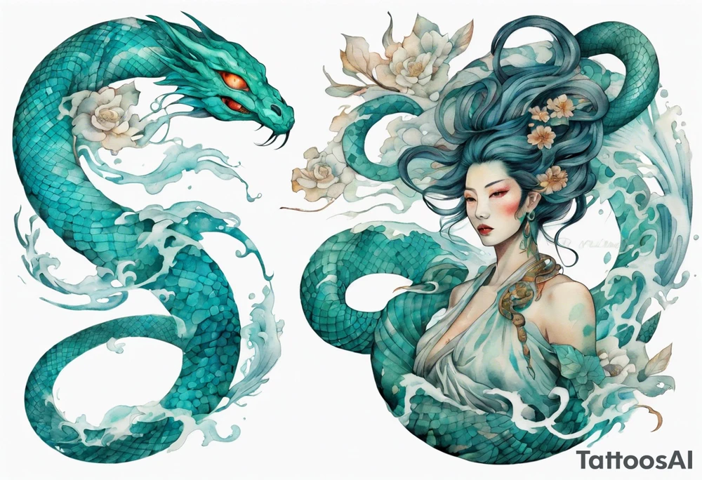 a turquoise woman serpent hybrid emerging from the sea tattoo idea