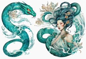 a turquoise woman serpent hybrid emerging from the sea tattoo idea